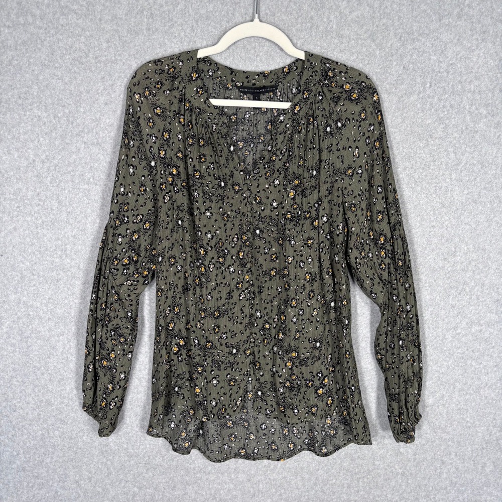 WHBL Crinkle Blouse Small‎ Green Floral Button Up Artsy Abstract 90s Maximalist